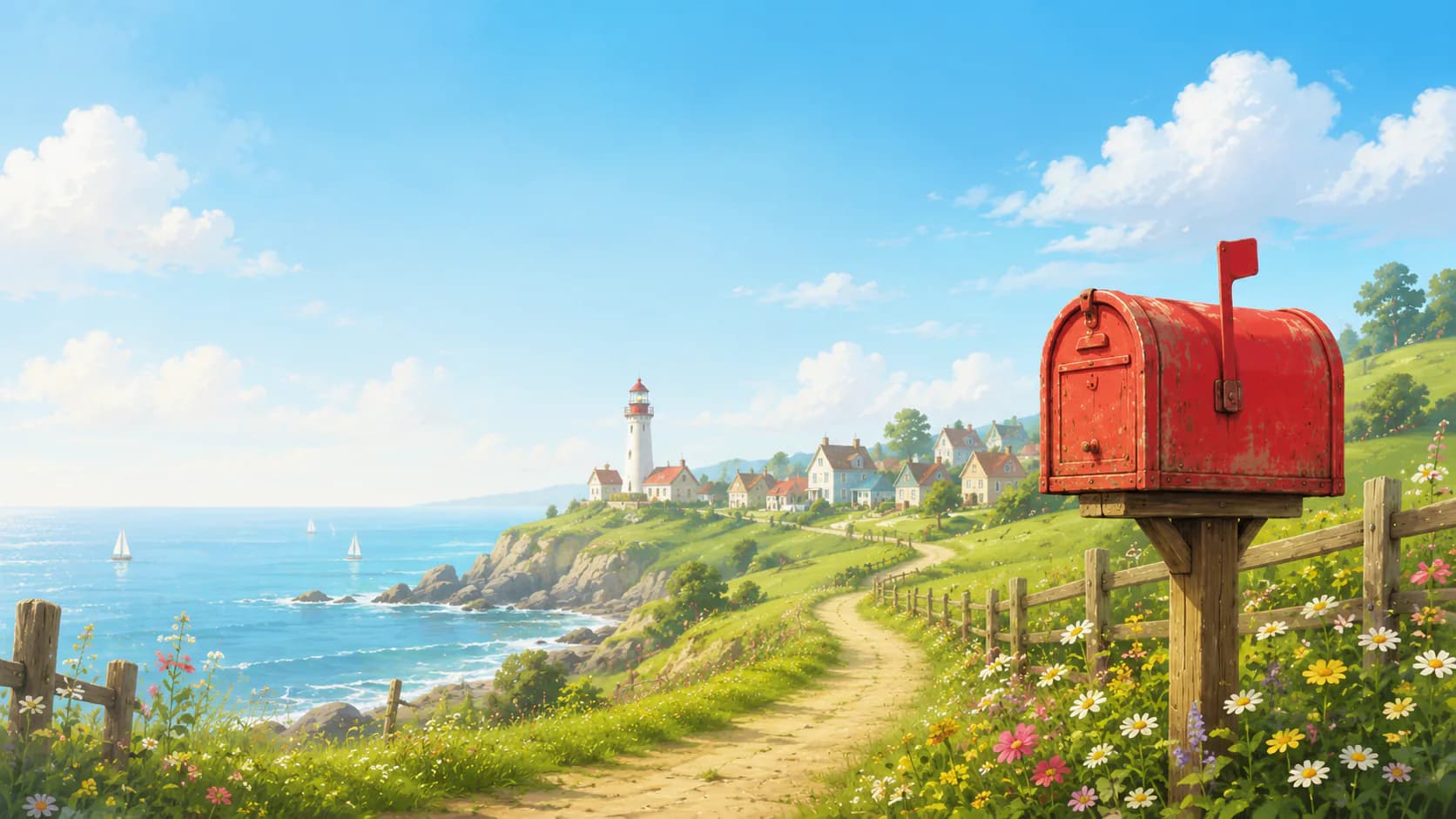 A red village postbox on a coastal lane, a lighthouse and cottages beyond